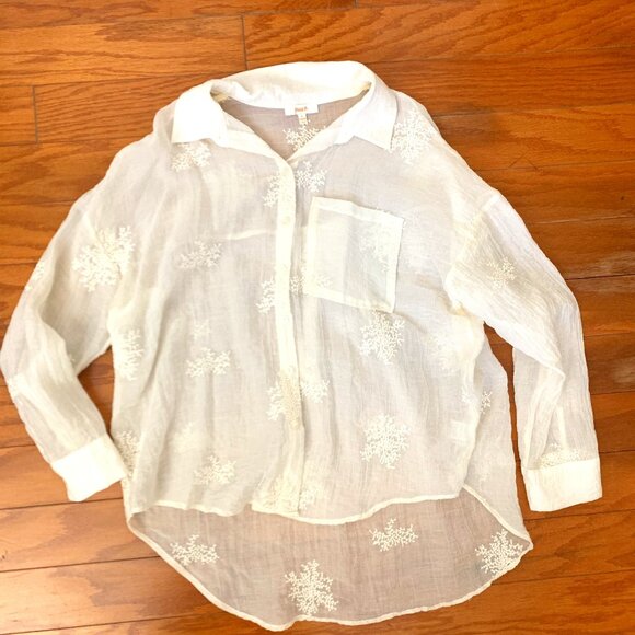 Peach semi sheer blouse SZ L with pocket embroidery and long sleeves Hi-Low hem - Picture 1 of 7